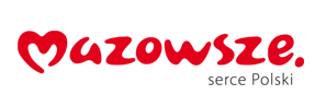 Logotyp województwa mazowieckiego. Stylizowany napis czerwoną czcionką, gdzie M przypomina serce. Niżej po prawej mniejszy napis szarą czcionką: Serce Polski.