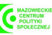 Logo Mazowieckiego Centrum Polityki Społecznej. Po lewej stronie nazwy instytucji mieści się graficzna część logo. To zielony punkt i okalające go od lewej zielone półkola