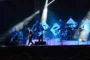 Sześciu członków zespołu Happysad podczas koncertu. Muzycy w dynamicznych pozach grają na gitarach, perkusji i instrumencie klawiszowym. Część z nich także śpiewa