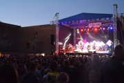 Zdjęcie z oddalenia, zza pleców publiczności. Widok na scenę, na której trwa koncert