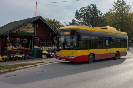 Na zdjęciu żółto czerwony autobus komunikacji miejskiej linii numer 3 Gostków stoi na przystanku mieszczącym się tuż obok kwiaciarni 