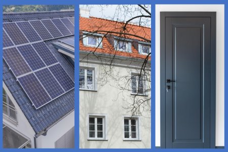 Trzy wąskie pionowe fragmenty zdjęć ułożone obok siebie. Na pierwszym znajdują się panele fotowoltaiczne zamontowane na dachu. Na drugim nowa elewacja i dach budynku. Na trzecim nowe drzwi wejściowe do budynku.