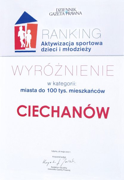 Dyplom rankingu z wyróżnieniem dla Ciechanowa w kategorii miast do 100 tysięcy mieszkańców.