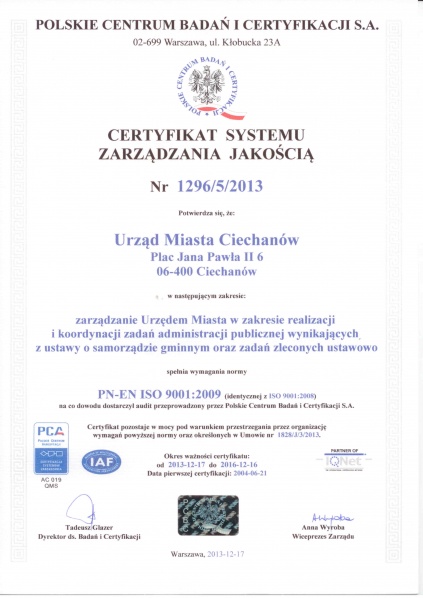 Certyfikat systemu zarządzania jakością nr 129/5/2013 dla Urzędu Miasta Ciechanów