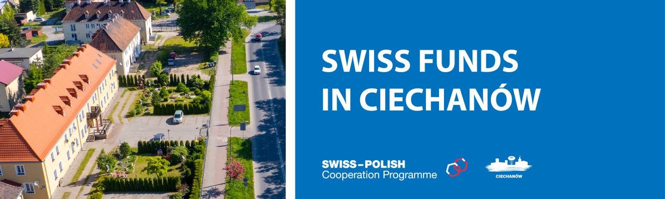 Banner composed of an aerial photo of the Bloki housing estate in Ciechanow, taken by drone. Next to the photo, there is the text: Swiss Funds in Ciechanow.